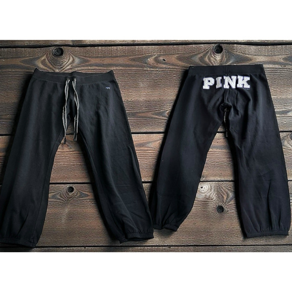 Vintage Y2K Victoria's Secret Pink Crop Sweatpants Sz L Black PINK Spell-Out - Picture 1 of 7
